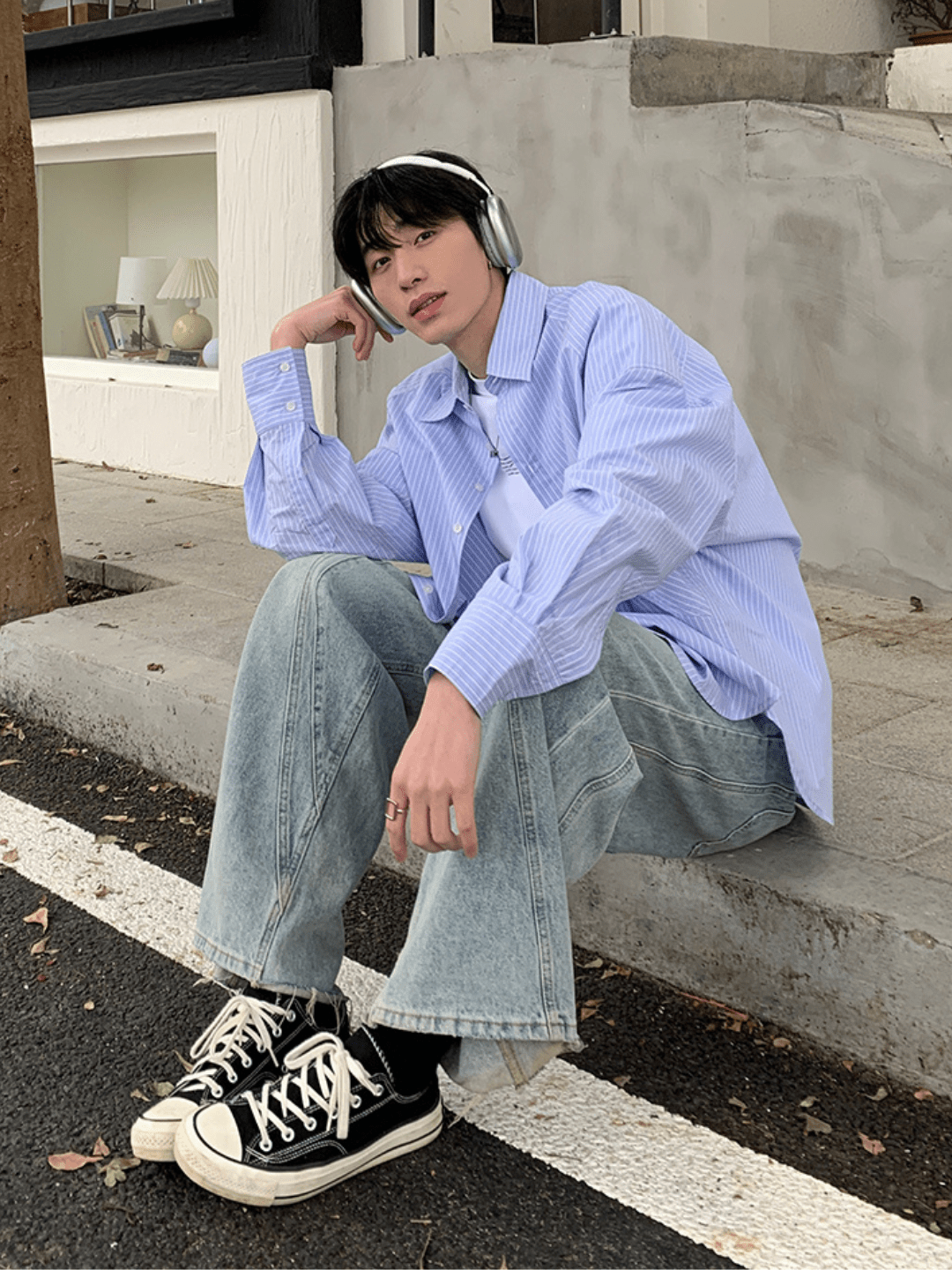 [ONELYC1NS] korean blue and white loose shirt ST2008