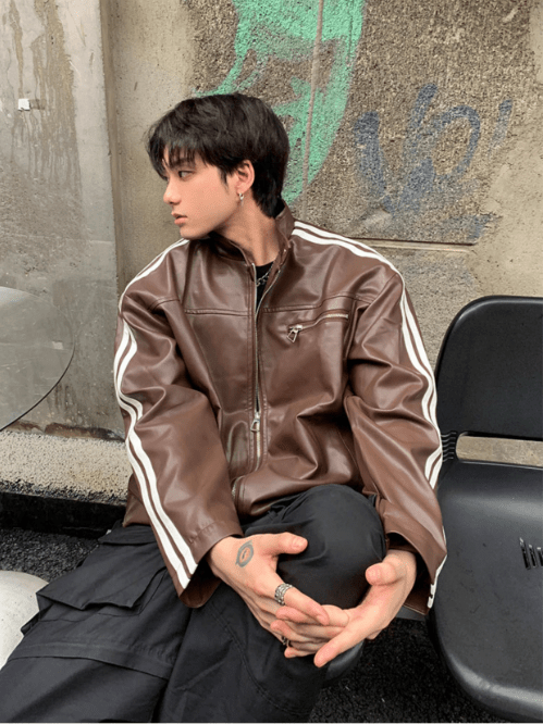 [K09] PU leather striped jacket st1918