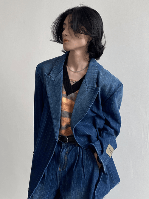 [GENESISBOY] Washed striped loose denim suit st1311
