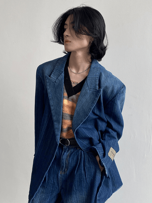 [GENESISBOY] Washed striped loose denim suit st1311
