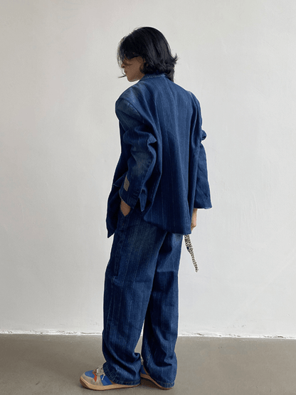 [GENESISBOY] Washed striped loose denim suit st1311