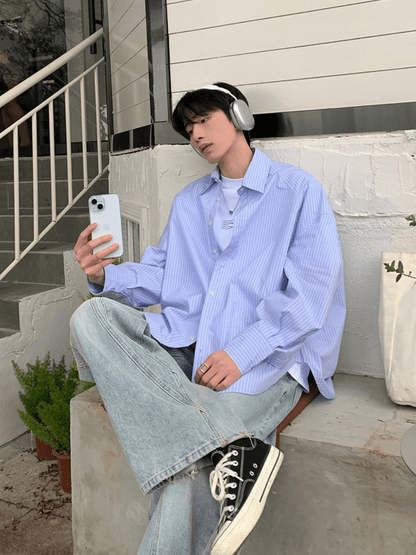 [ONELYC1NS] korean blue and white loose shirt ST2008