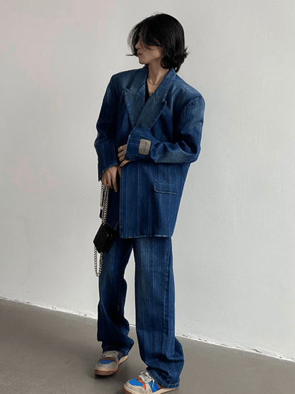 [GENESISBOY] Washed striped loose denim suit st1311