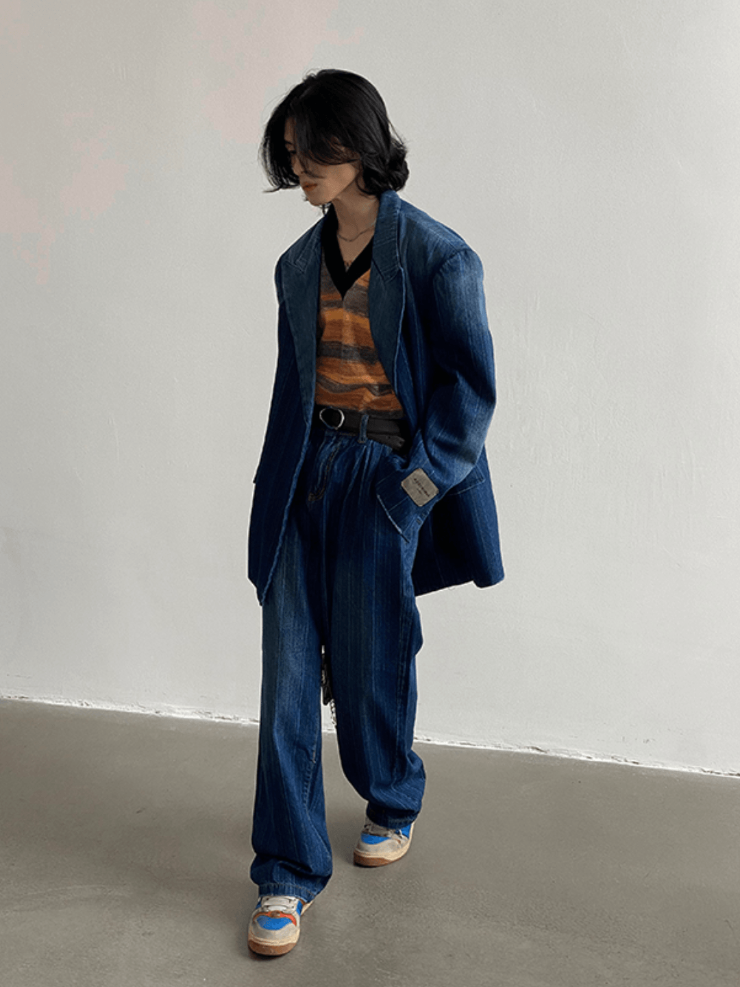 [GENESISBOY] Washed striped loose denim suit st1311