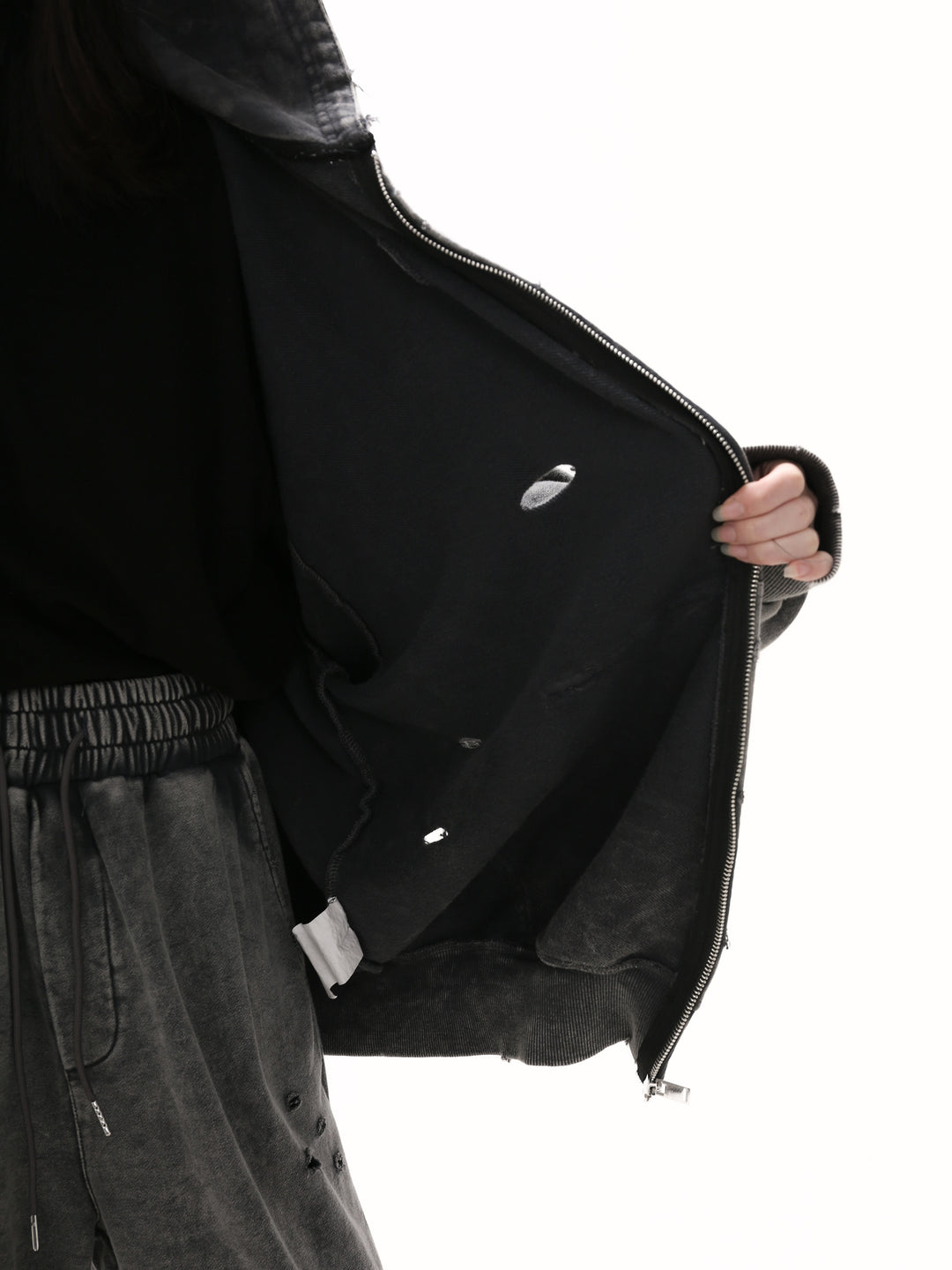 [GIBBYCNA] Damage Zipper Hoodie & Wide-leg Damage Sweatpants st2036