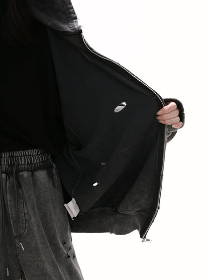 [GIBBYCNA] Damage Zipper Hoodie & Wide-leg Damage Sweatpants st2036