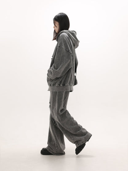 [GIBBYCNA] Damage Zipper Hoodie & Wide-leg Damage Sweatpants st2036
