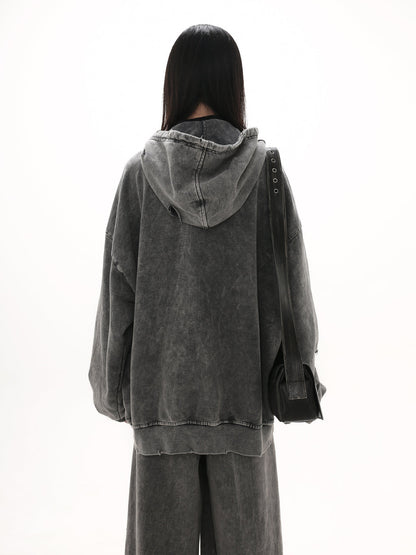 [GIBBYCNA] Damage Zipper Hoodie & Wide-leg Damage Sweatpants st2036