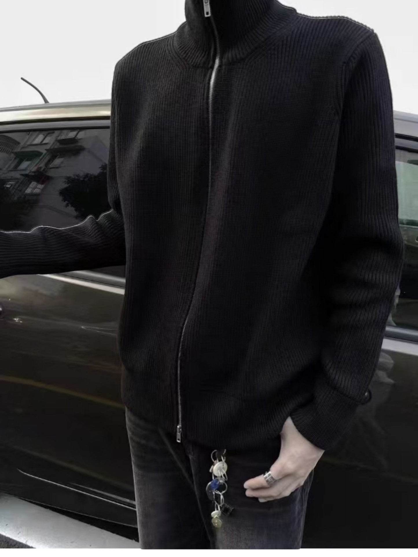 [WXB] KOREAN RIBBED ZIP-UP HIGH COLLAR shirt st4010