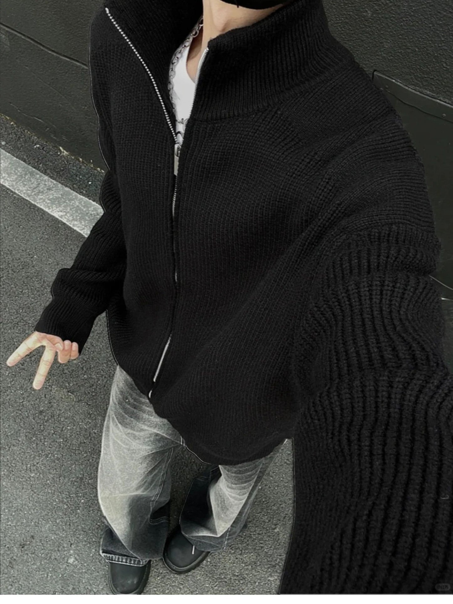 [WXB] KOREAN RIBBED ZIP-UP HIGH COLLAR shirt st4010