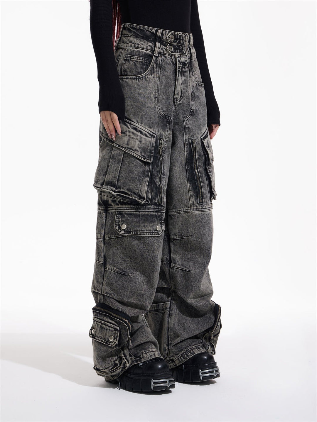 [PEOPLESTYLE] Multi-pocket wide leg casual jeans st2096