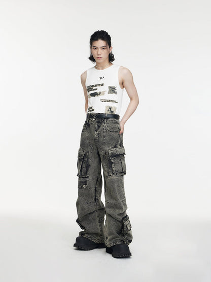 [PEOPLESTYLE] Multi-pocket wide leg casual jeans st2096