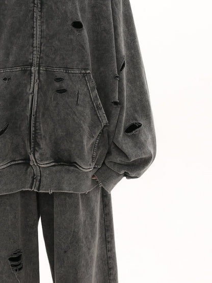 [GIBBYCNA] Damage Zipper Hoodie & Wide-leg Damage Sweatpants st2036
