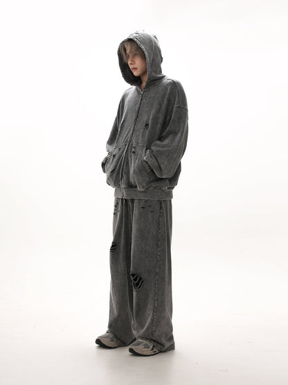 [GIBBYCNA] Damage Zipper Hoodie & Wide-leg Damage Sweatpants st2036