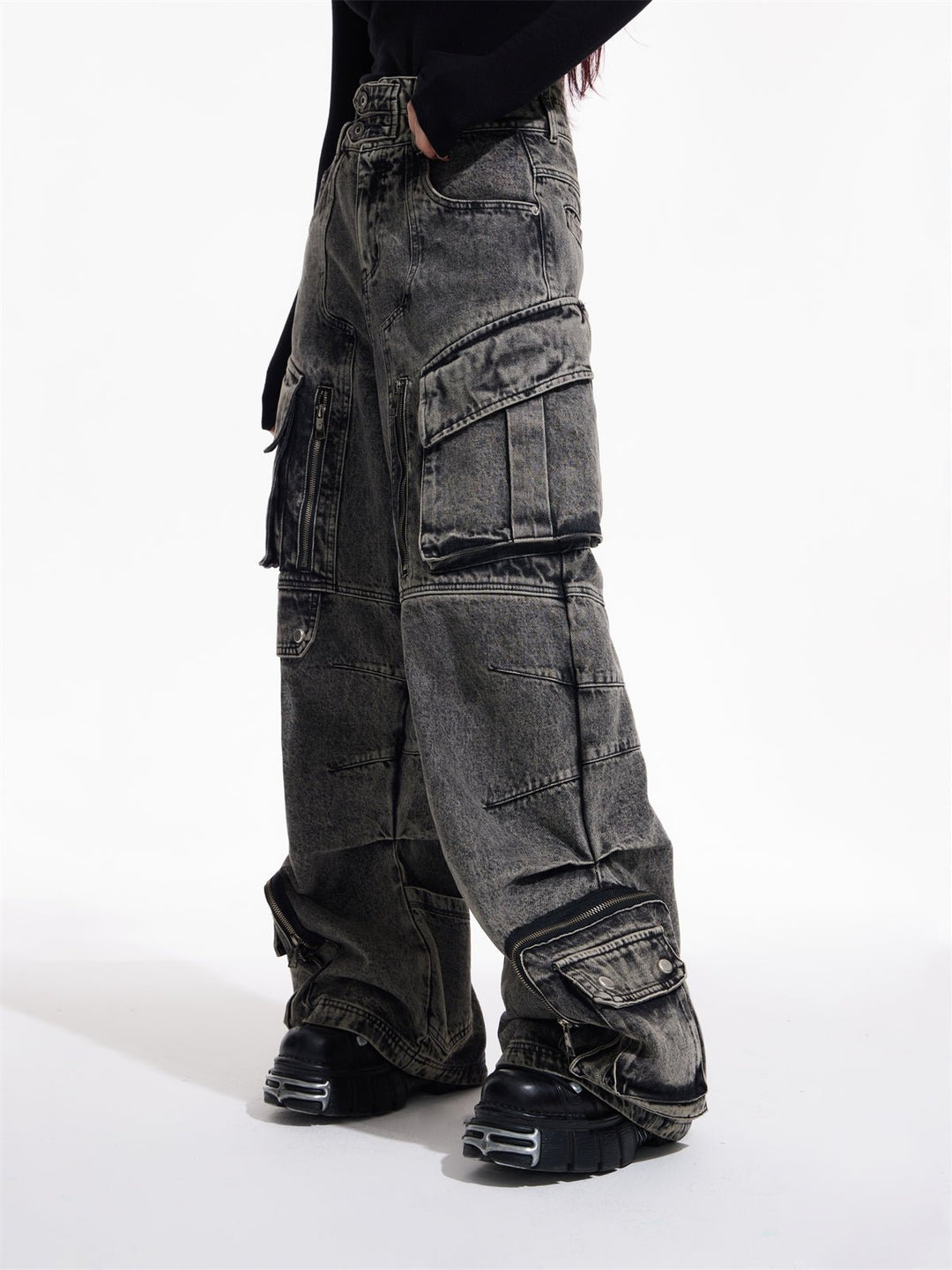 [PEOPLESTYLE] Multi-pocket wide leg casual jeans st2096
