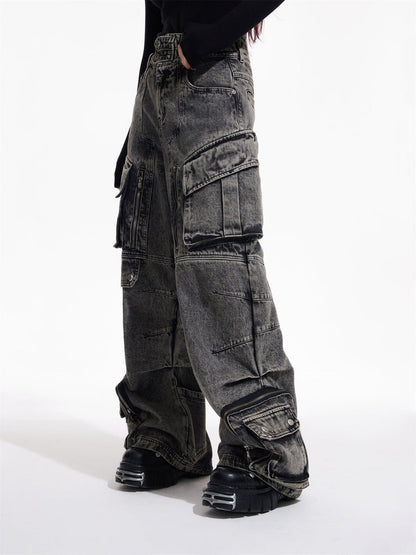 [PEOPLESTYLE] Multi-pocket wide leg casual jeans st2096