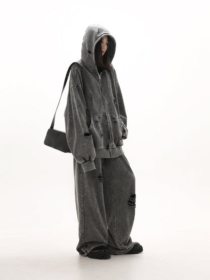 [GIBBYCNA] Damage Zipper Hoodie & Wide-leg Damage Sweatpants st2036