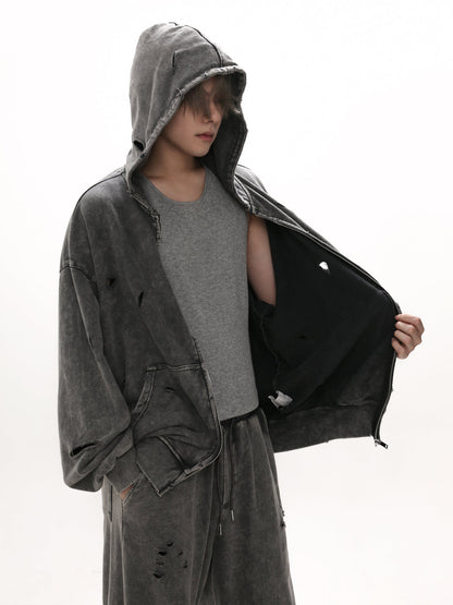 [GIBBYCNA] Damage Zipper Hoodie & Wide-leg Damage Sweatpants st2036
