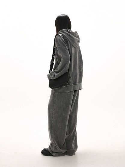 [GIBBYCNA] Damage Zipper Hoodie & Wide-leg Damage Sweatpants st2036