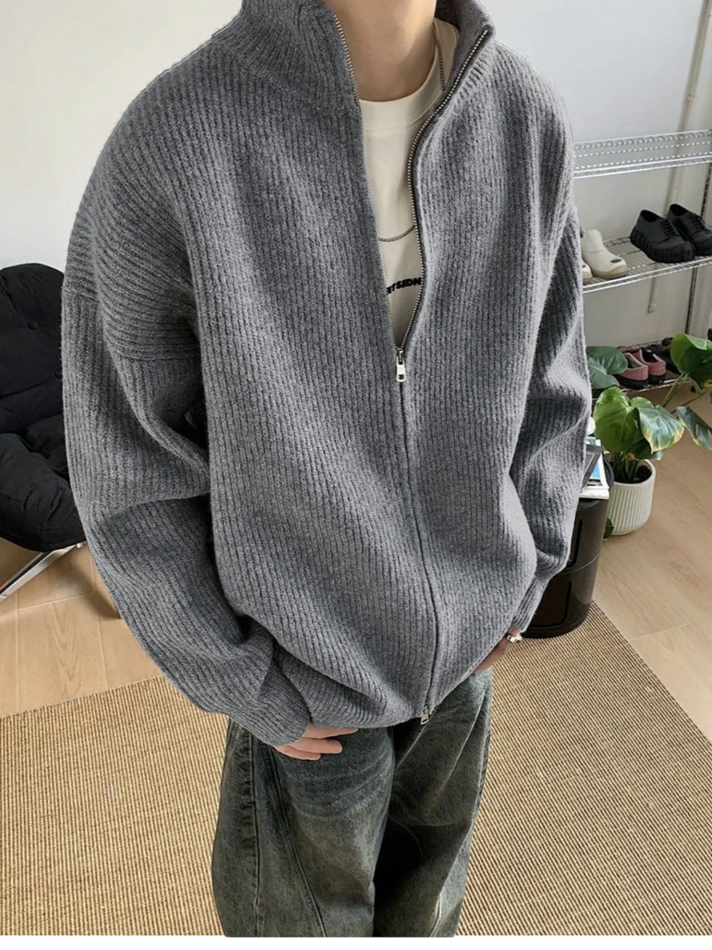 [WXB] KOREAN RIBBED ZIP-UP HIGH COLLAR shirt st4010