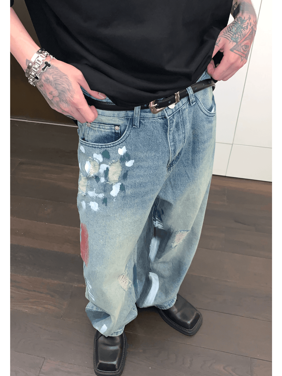 [CUIBUJU] street graffiti contrast color straight jeans st1759
