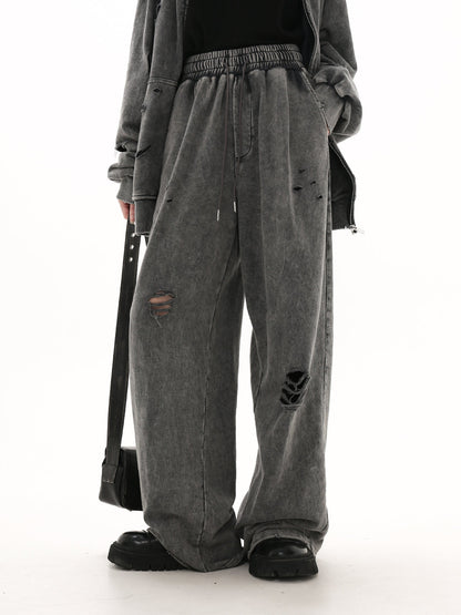 [GIBBYCNA] Damage Zipper Hoodie & Wide-leg Damage Sweatpants st2036