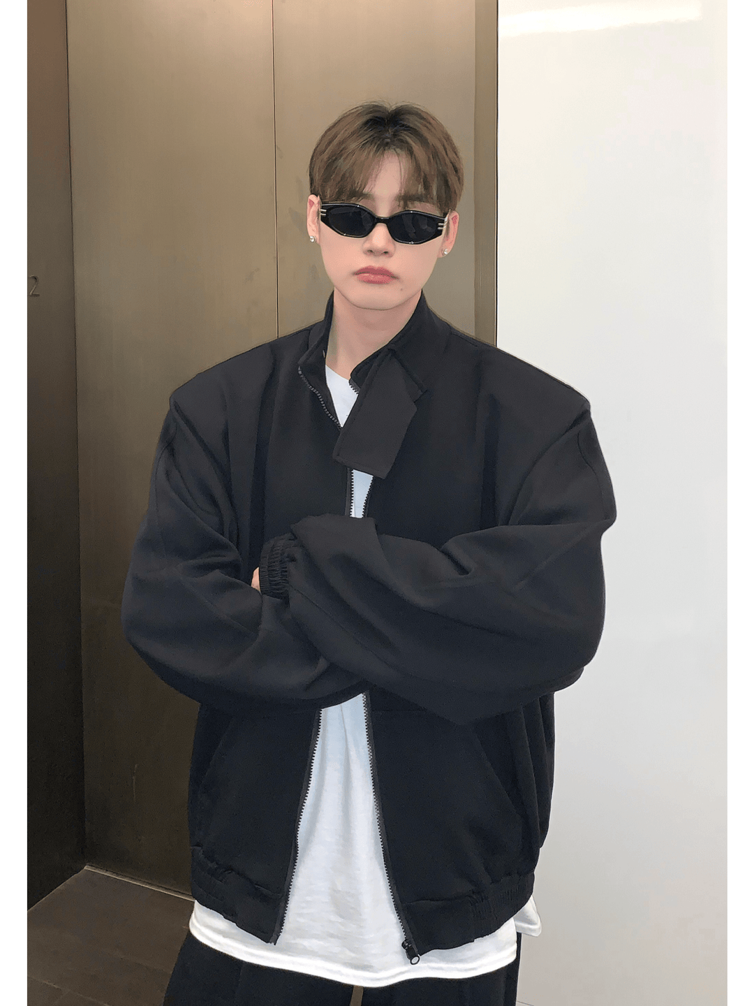 [CUIBUJU] Stand collar shoulder pad cardigan sweater set-up st1811