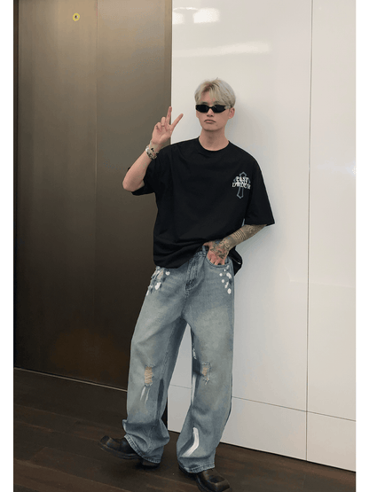 [CUIBUJU] street graffiti contrast color straight jeans st1759