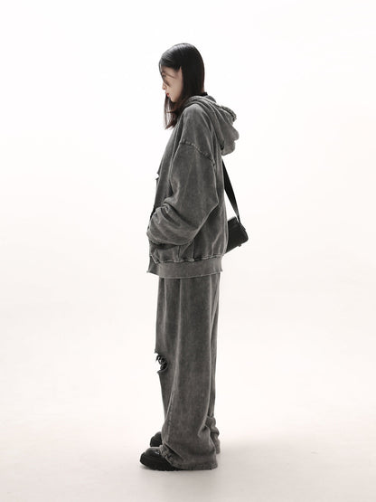 [GIBBYCNA] Damage Zipper Hoodie & Wide-leg Damage Sweatpants st2036