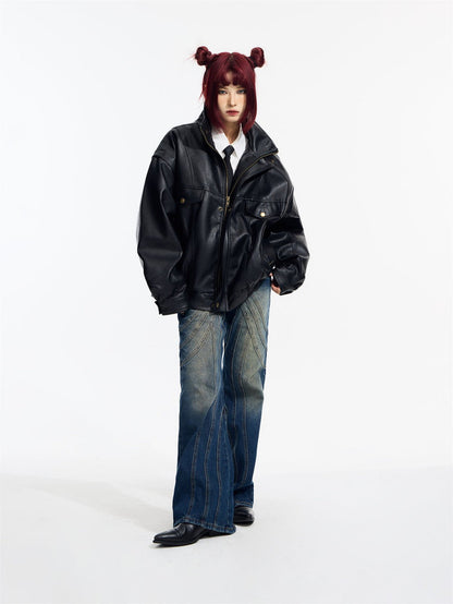 [PeopleStyle] Genderless wear silhouette fashionable leather jacket st1789
