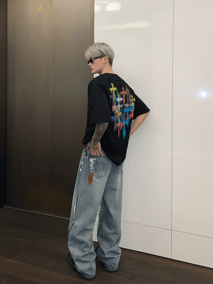 [CUIBUJU] street graffiti contrast color straight jeans st1759