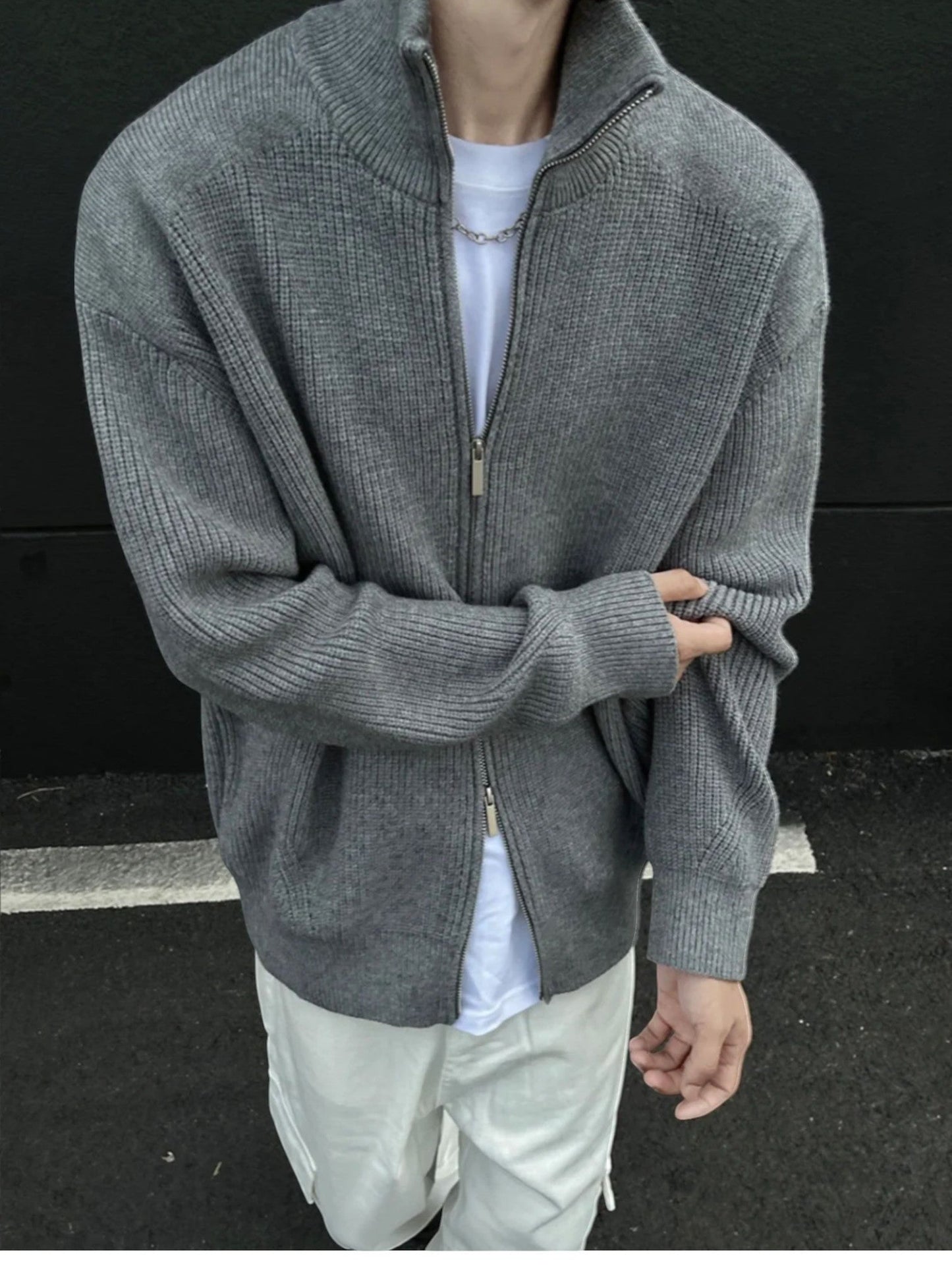 [WXB] KOREAN RIBBED ZIP-UP HIGH COLLAR shirt st4010