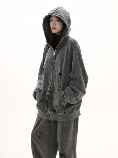 [GIBBYCNA] Damage Zipper Hoodie & Wide-leg Damage Sweatpants st2036