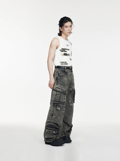 [PEOPLESTYLE] Multi-pocket wide leg casual jeans st2096