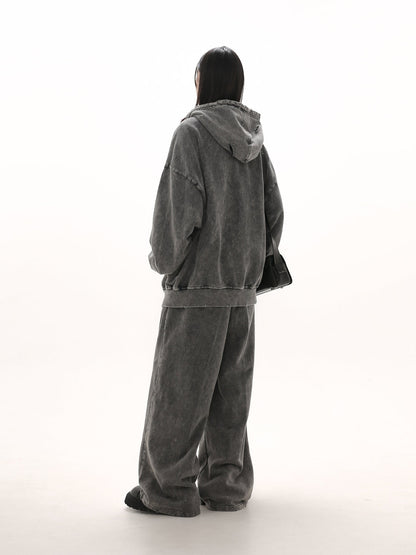 [GIBBYCNA] Damage Zipper Hoodie & Wide-leg Damage Sweatpants st2036