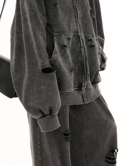 [GIBBYCNA] Damage Zipper Hoodie & Wide-leg Damage Sweatpants st2036